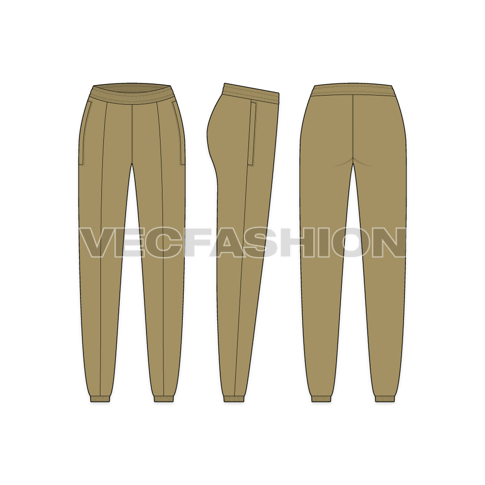 A vector illustrator fashion cad for Women's Fleece Joggers. It has an elasticated waistband with pin tuck stitched in the center of the pants and bottom cuffs are also elasticated.