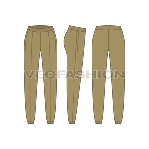 A vector illustrator fashion cad for Women's Fleece Joggers. It has an elasticated waistband with pin tuck stitched in the center of the pants and bottom cuffs are also elasticated.