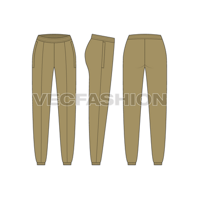 A vector illustrator fashion cad for Women's Fleece Joggers. It has an elasticated waistband with pin tuck stitched in the center of the pants and bottom cuffs are also elasticated.