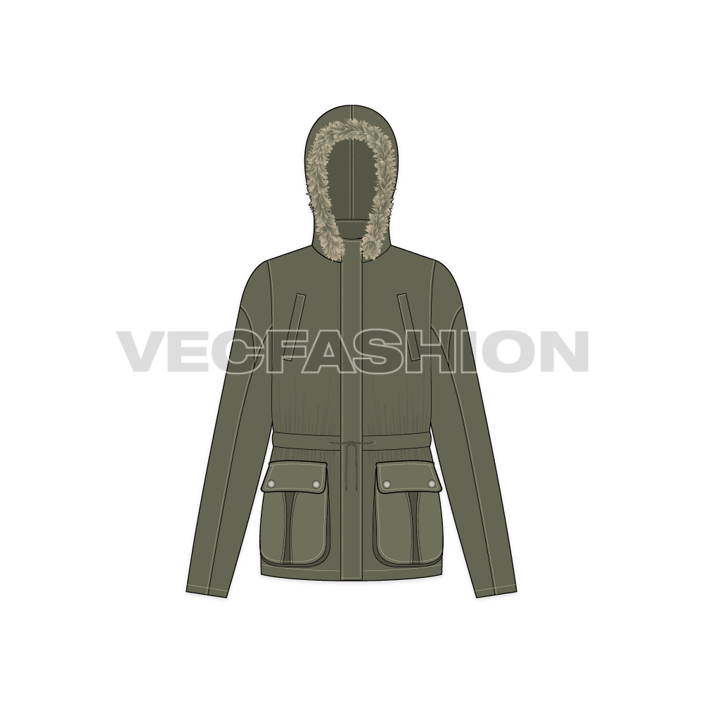 Women's Forest Green Parka Jacket flat sketch, front view