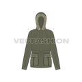 Women's Forest Green Parka Jacket flat sketch, front view