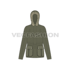 Women's Forest Green Parka Jacket flat sketch, front view