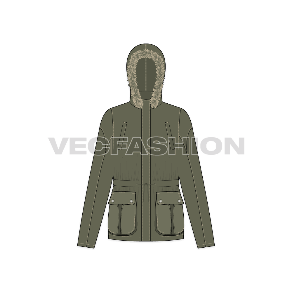 A detailed and clean vector template for Women's Parka Jacket in Forest Green Color. It has many details like Hood, Fur, Pockets, Belt etc.