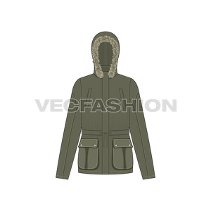 A detailed and clean vector template for Women's Parka Jacket in Forest Green Color. It has many details like Hood, Fur, Pockets, Belt etc.