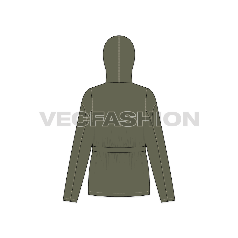 Women's Forest Green Parka Jacket flat sketch, back view