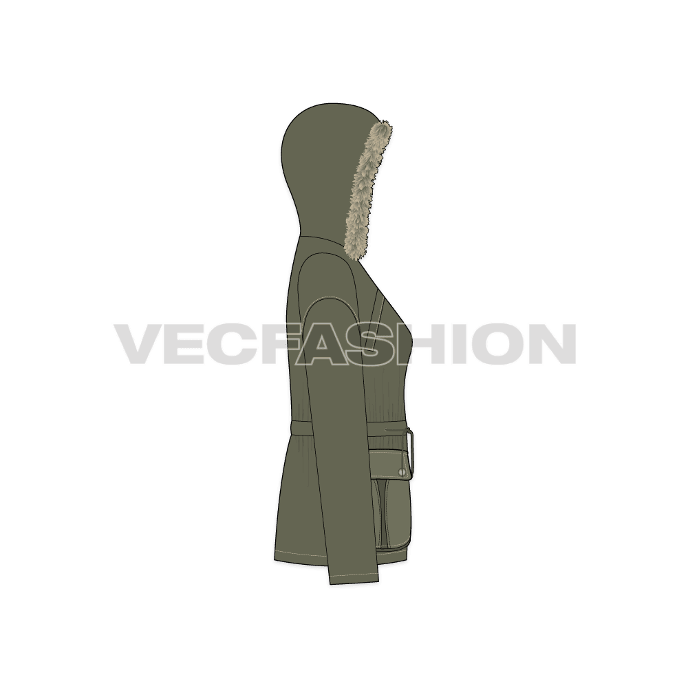 Women's Forest Green Parka Jacket flat sketch, side view