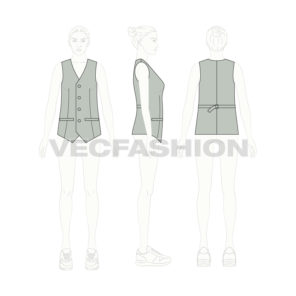 Womens formal vest flat sketch, croqui sketch