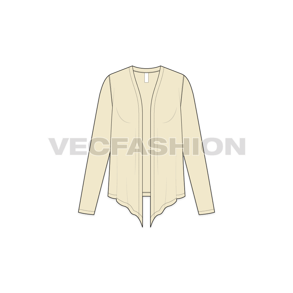 Womens front open cover-up flat sketch, front view