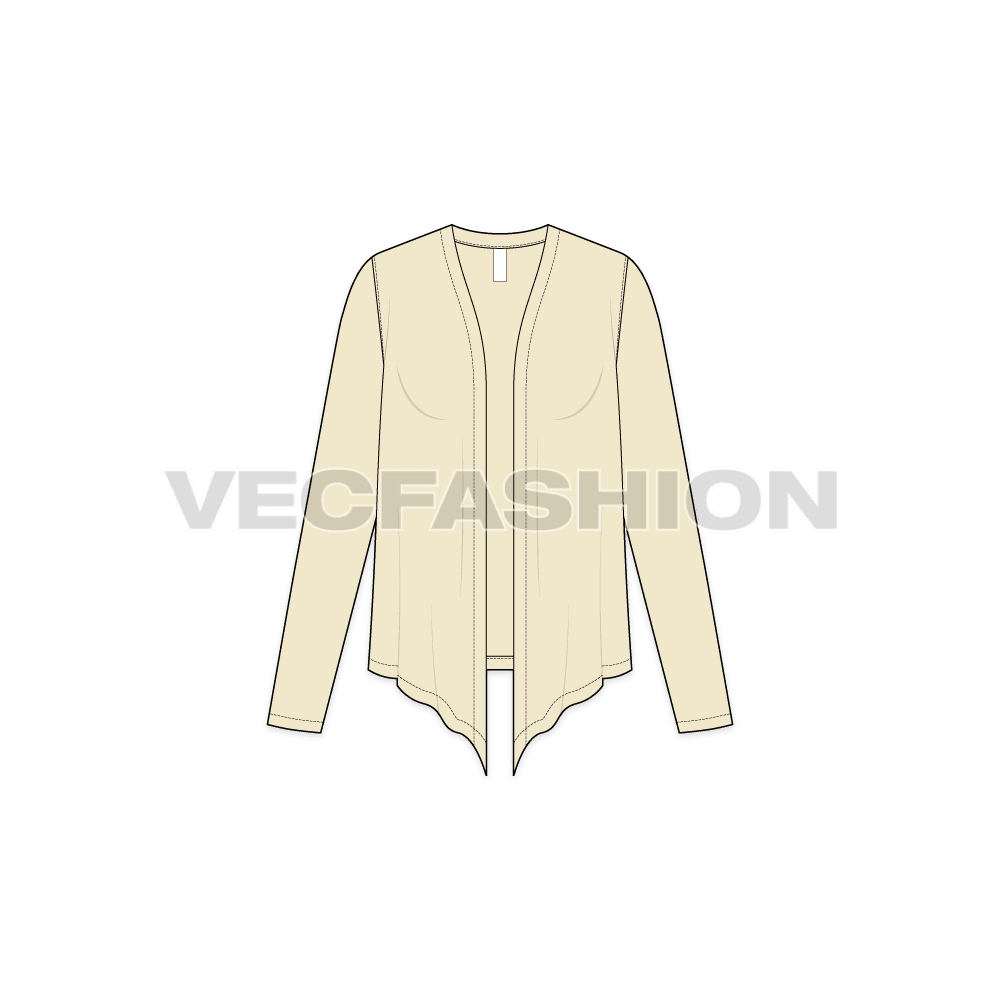 A vector template for Women's Front Open Cover-up. It is a lose-fit shirt like top with flare and elongated drop on front. 