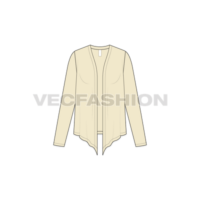 A vector template for Women's Front Open Cover-up. It is a lose-fit shirt like top with flare and elongated drop on front. 