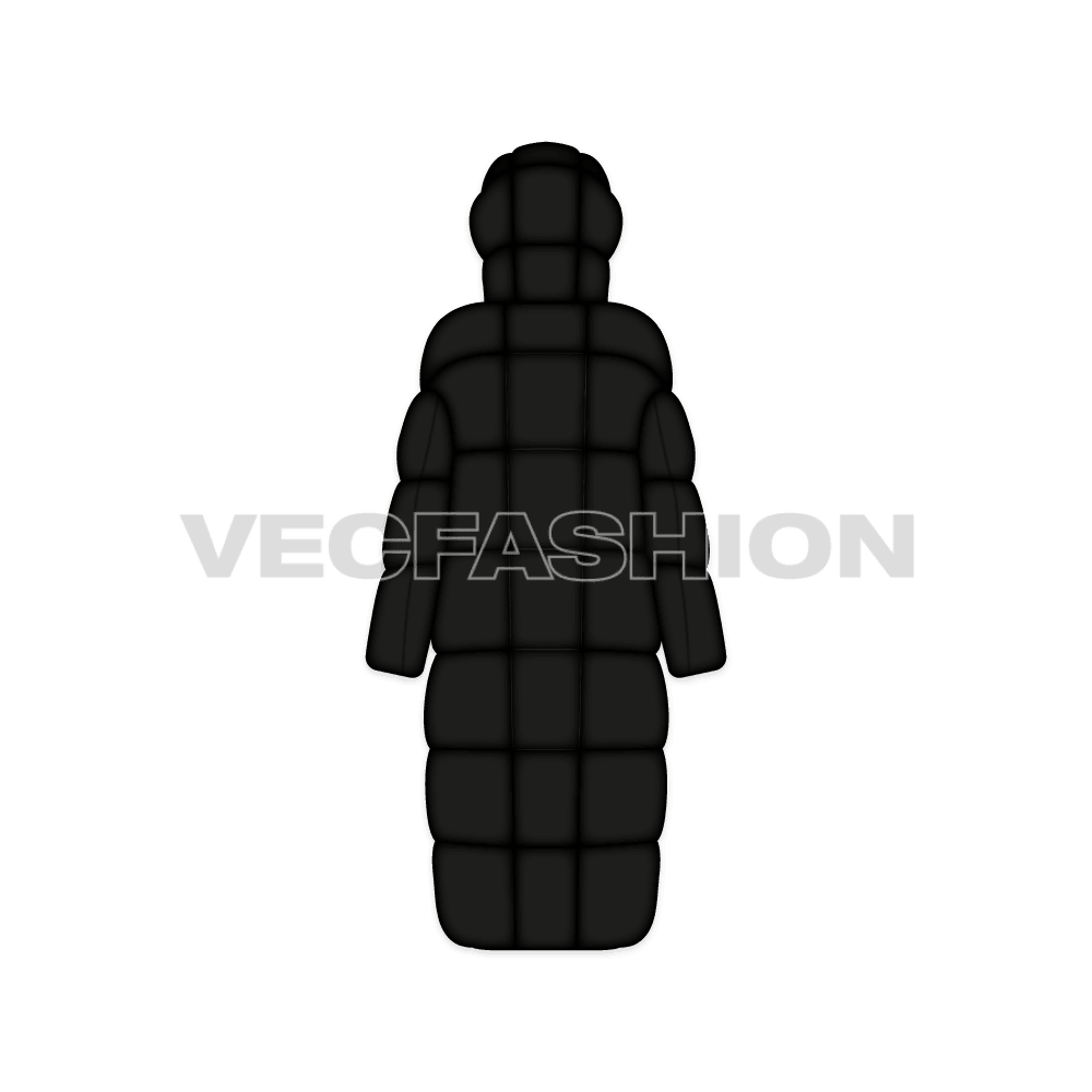 A vector template for Women's Full Length Bubble Coat. It has thick layers of insulation and have detachable hood. The length is coming uptil the floor and can also be used as a sleeping bag during full winters and or when at high altitude.