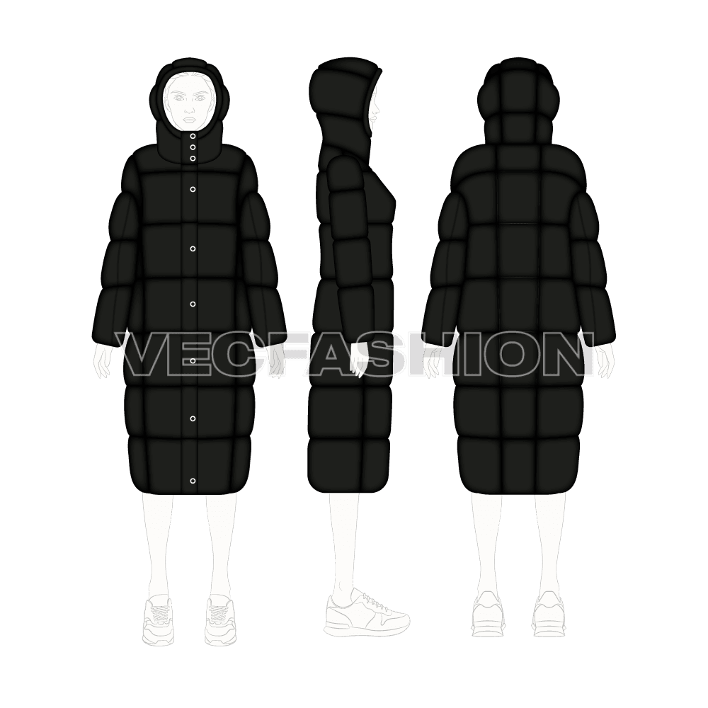 Women's Full Length Bubble Coat flat sketch, croqui sketch