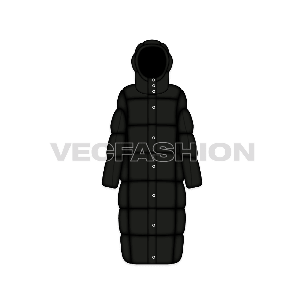 Women's Full Length Bubble Coat flat sketch, front view