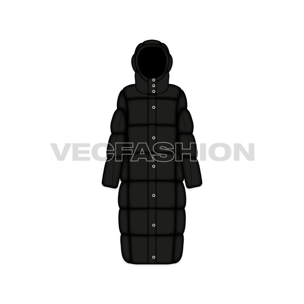 A vector template for Women's Full Length Bubble Coat. It has thick layers of insulation and have detachable hood. The length is coming uptil the floor and can also be used as a sleeping bag during full winters and or when at high altitude.