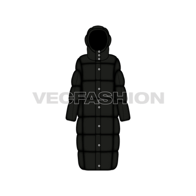 A vector template for Women's Full Length Bubble Coat. It has thick layers of insulation and have detachable hood. The length is coming uptil the floor and can also be used as a sleeping bag during full winters and or when at high altitude.