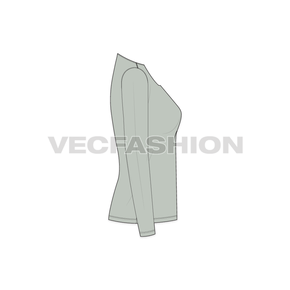 Womens full sleeve open neck tee flat sketch, side view