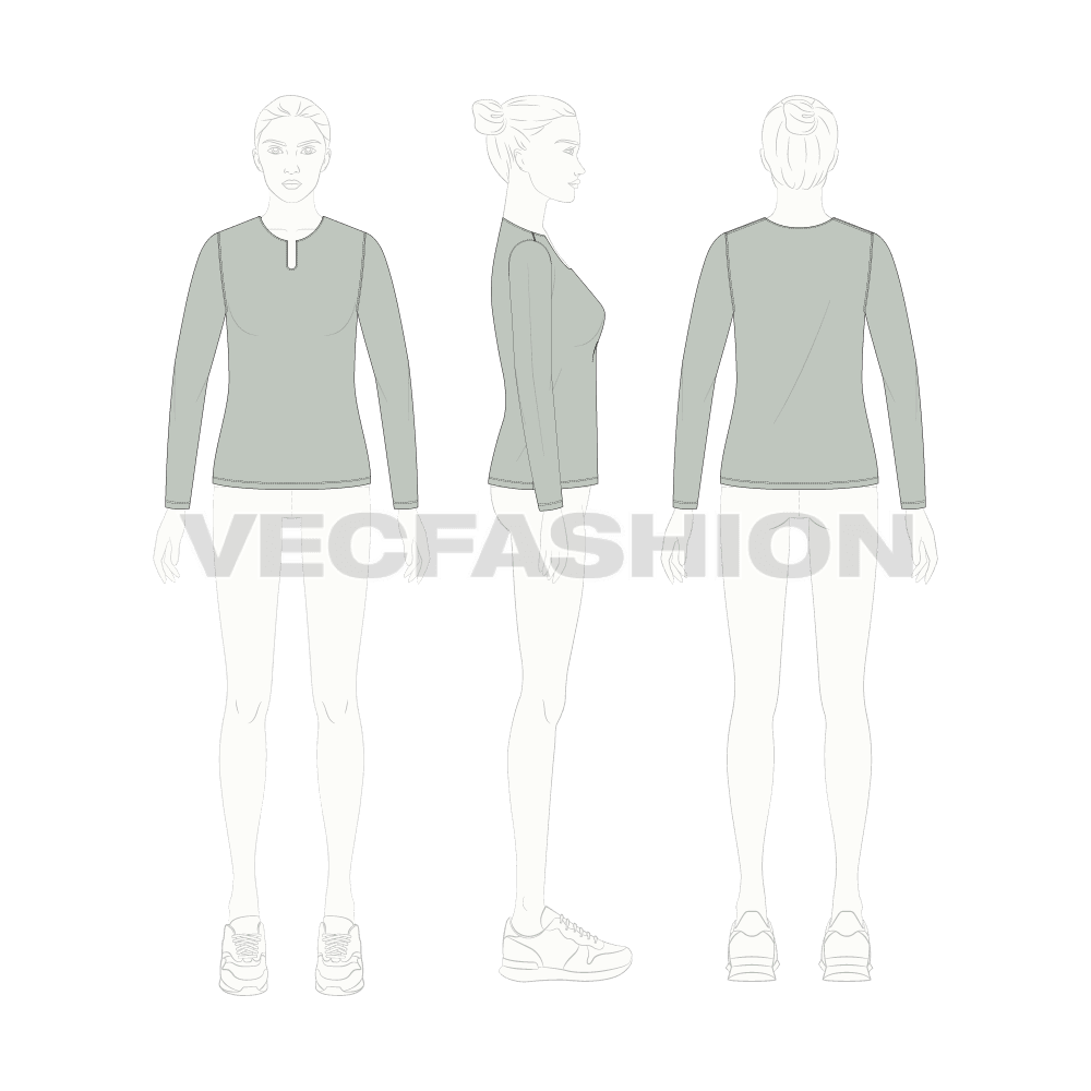 Womens full sleeve open neck tee flat sketch, croqui sketch