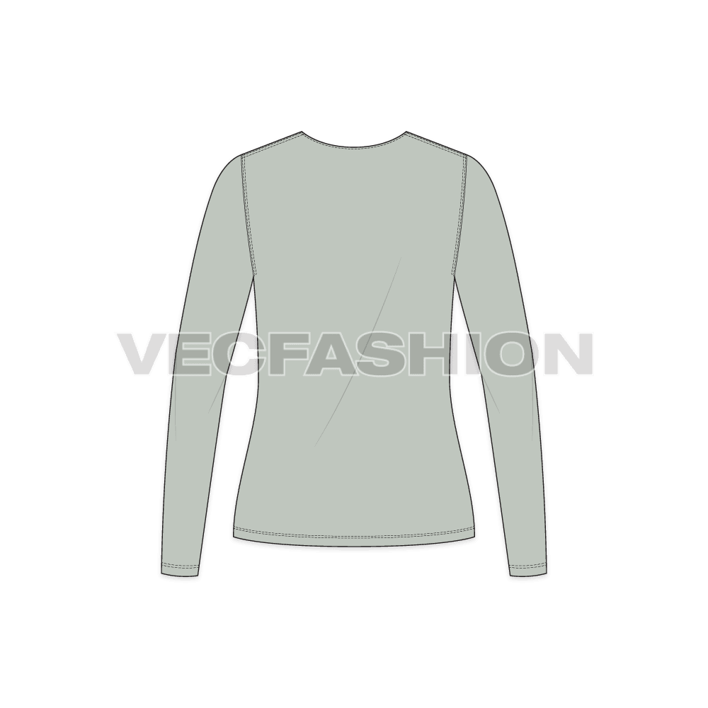 Womens full sleeve open neck tee flat sketch, back view