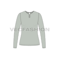 Womens full sleeve open neck tee flat sketch, front view