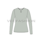Womens full sleeve open neck tee flat sketch, front view