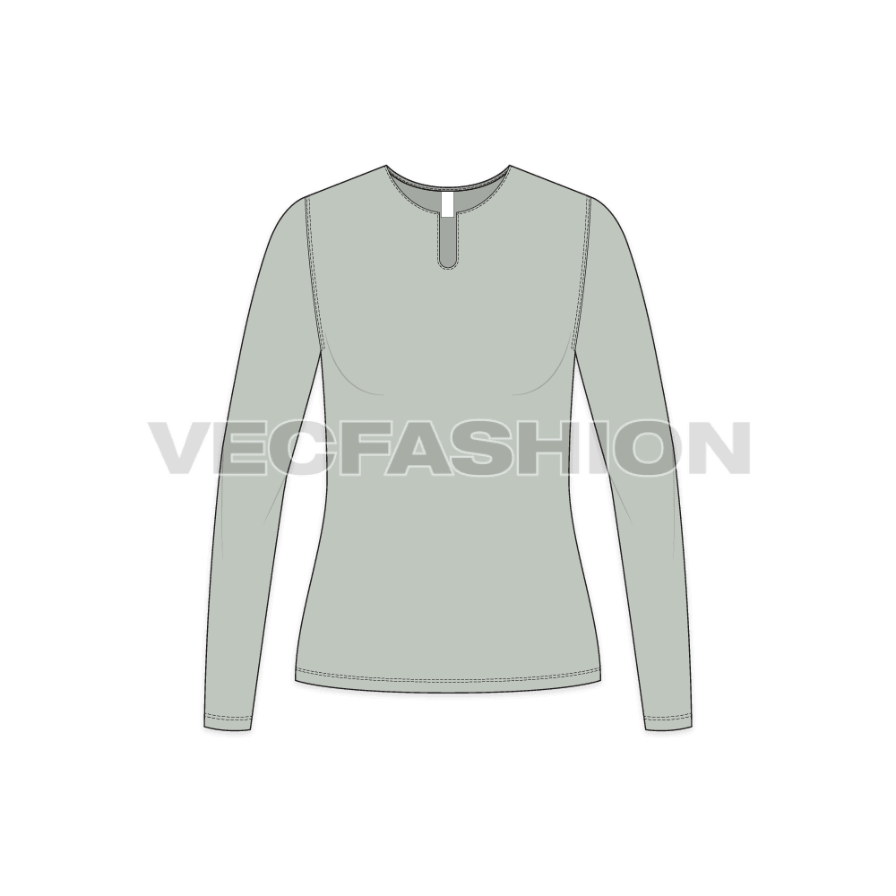 Womens full sleeve open neck tee flat sketch, front view
