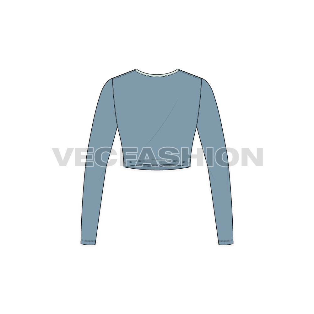 Womens full sleeved scoop neck crop tee flat sketch, back view