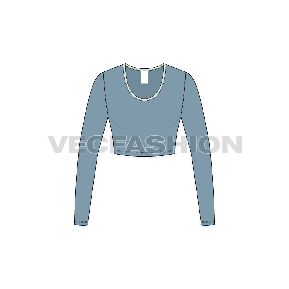Womens full sleeved scoop neck crop tee flat sketch, front view