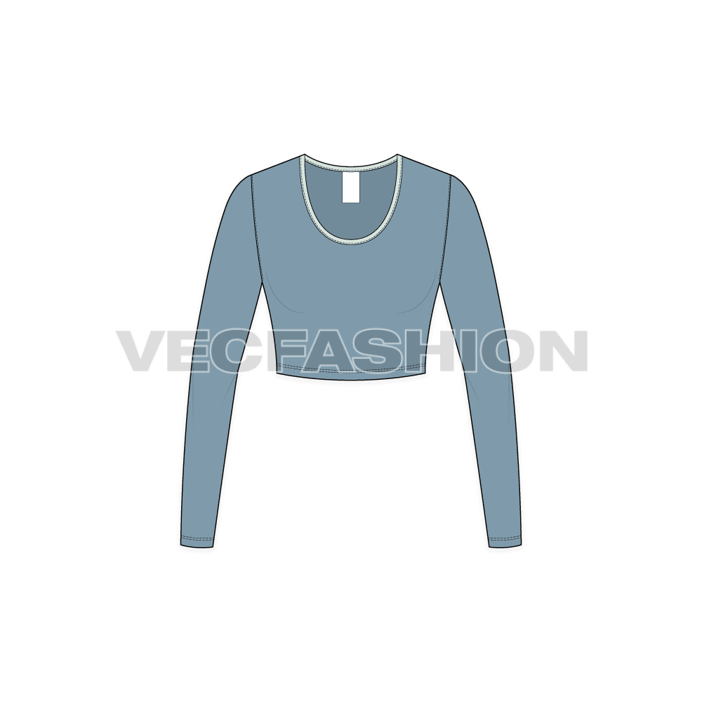 A vector fashion template for Women's Full Sleeved Scoop Neck Crop Tee. 