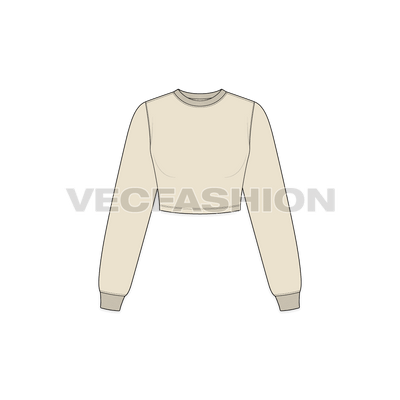 A vector illustrator sketch template of Women's Full Sleeves Crop Sweatshirt. It is illustrated with Front, Side and Back view. It has rib on neck and sleeve cuffs.