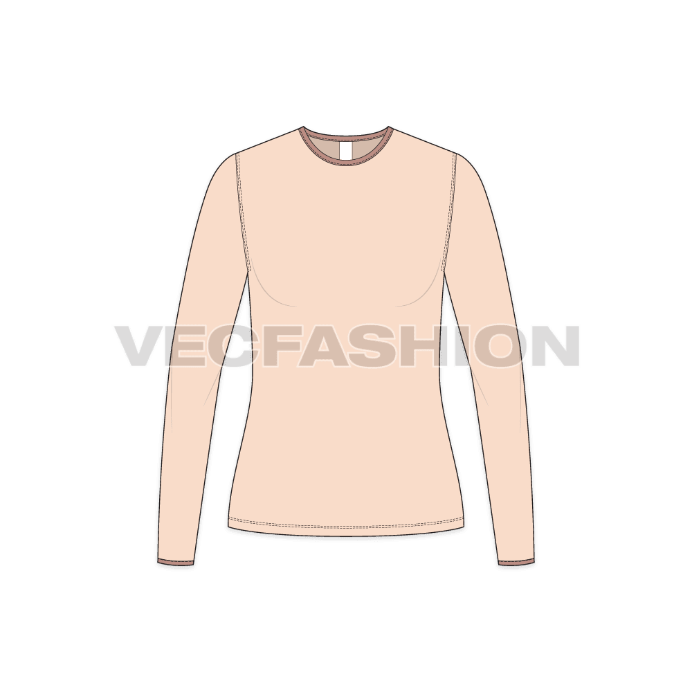 Womens full sleeves round neck ringer tee flat sketch, front view