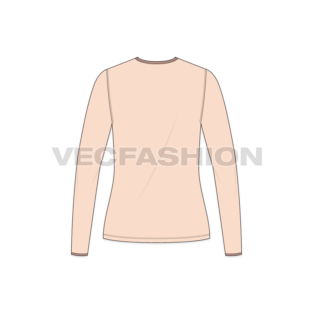 Womens full sleeves round neck ringer tee flat sketch, back view