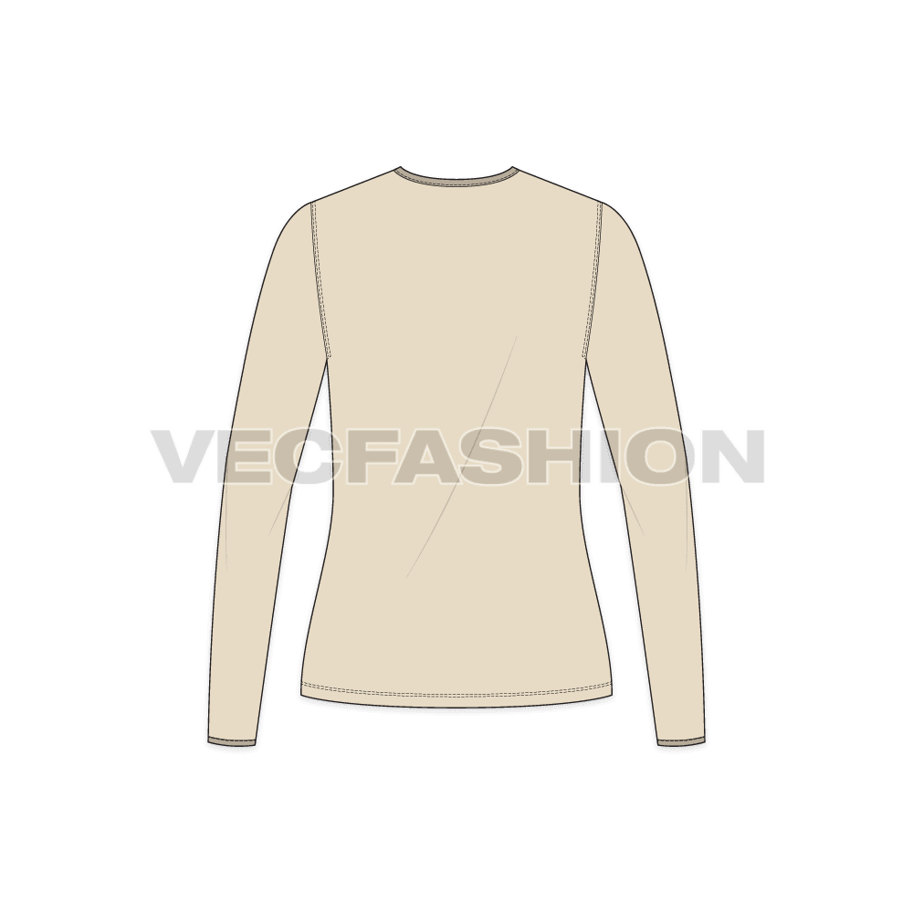 Womens full sleeves v neck ringer tee flat sketch, back view