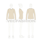 Womens full sleeves v neck ringer tee flat sketch, croqui sketch