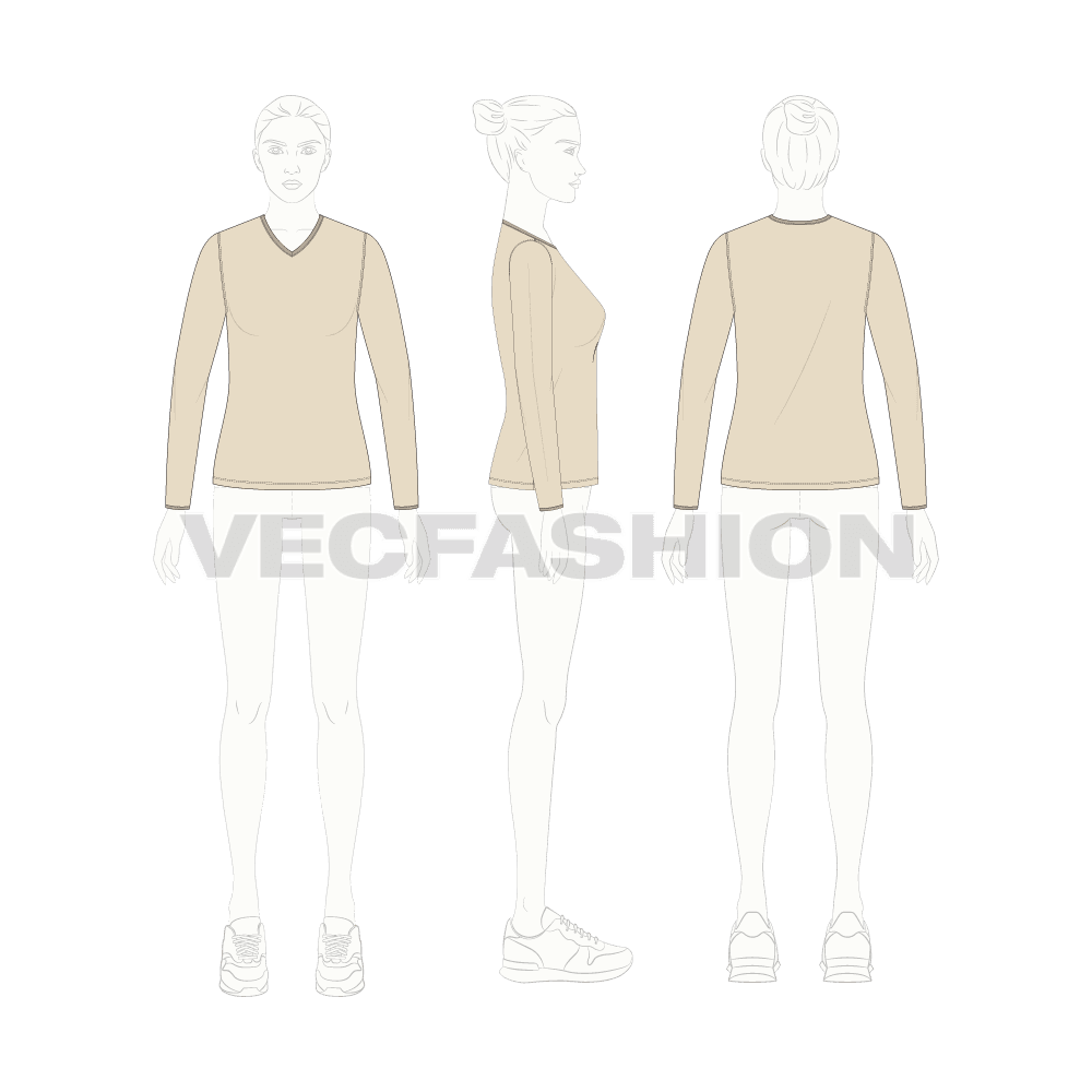 Womens full sleeves v neck ringer tee flat sketch, croqui sketch