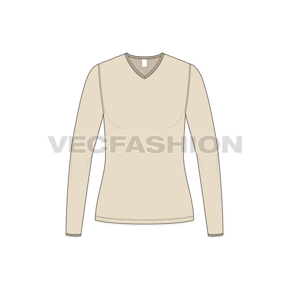 Womens full sleeves v neck ringer tee flat sketch, front view