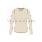Womens full sleeves v neck ringer tee flat sketch, front view