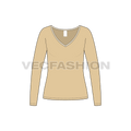 Womens full sleeves wide v-neck tee flat sketch, front view