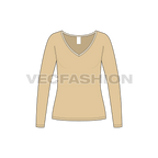 Womens full sleeves wide v-neck tee flat sketch, front view