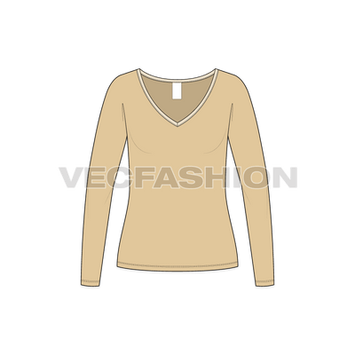 A vector fashion template for Women's Full Sleeves Wide V-neck Tee. It has a contrast colored binding with long sleeves and neck is wide and low.