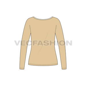 A vector fashion template for Women's Full Sleeves Wide V-neck Tee. It has a contrast colored binding with long sleeves and neck is wide and low.