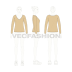 Womens full sleeves wide v-neck tee flat sketch, croqui sketch