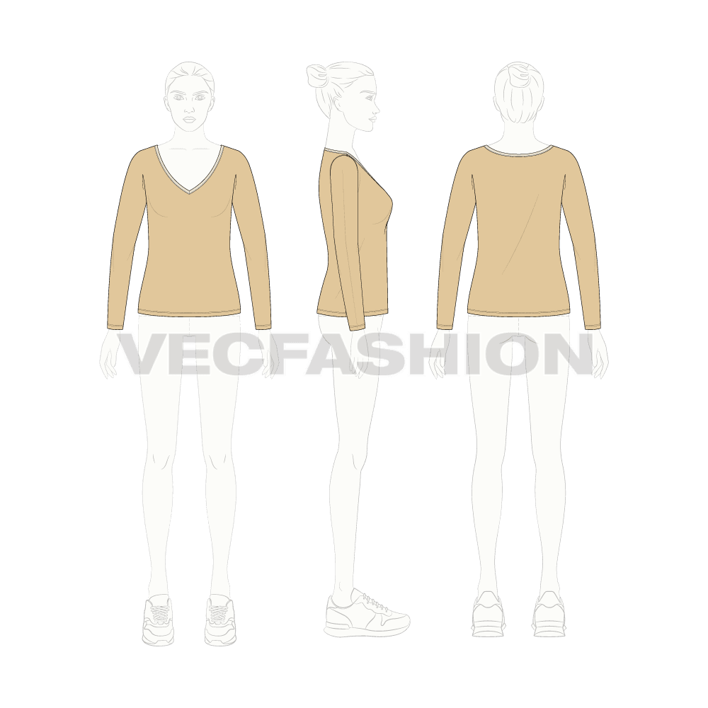 Womens full sleeves wide v-neck tee flat sketch, croqui sketch