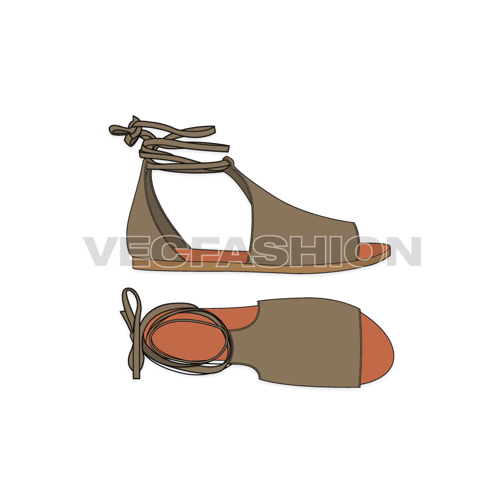 An illustrator fashion cad for Women's Gladiator Sandals. It is showing two views, top view and side view and have a wrap around long string around the ankle for fastening purposes.