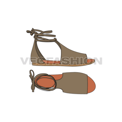 An illustrator fashion cad for Women's Gladiator Sandals. It is showing two views, top view and side view and have a wrap around long string around the ankle for fastening purposes.