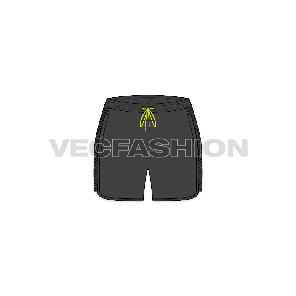 Womens gym shorts, neon drawstring flat sketch, front view