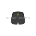 Womens gym shorts, neon drawstring flat sketch, front view