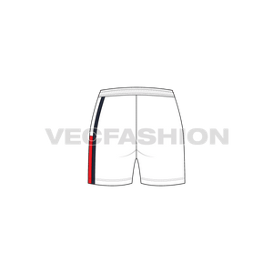 A vector fashion sketch for Women's Gym Shorts. It has a plain white body with contrast colored waist band and drawstrings. There is a stylish cut n sew panel on the left leg and a printing on the right leg.