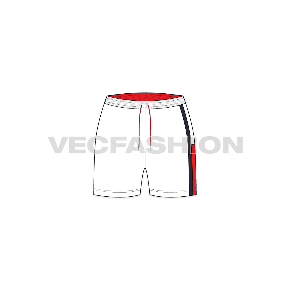 A vector fashion sketch for Women's Gym Shorts. It has a plain white body with contrast colored waist band and drawstrings. There is a stylish cut n sew panel on the left leg and a printing on the right leg.