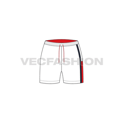 A vector fashion sketch for Women's Gym Shorts. It has a plain white body with contrast colored waist band and drawstrings. There is a stylish cut n sew panel on the left leg and a printing on the right leg.