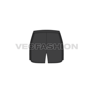 A vector fashion sketch template of Women's Gym Shorts. It has an elasticated waistband and rendered in black color with contrast neon green color drawstrings. There are mesh panels on the side and hem is in curved shape. 